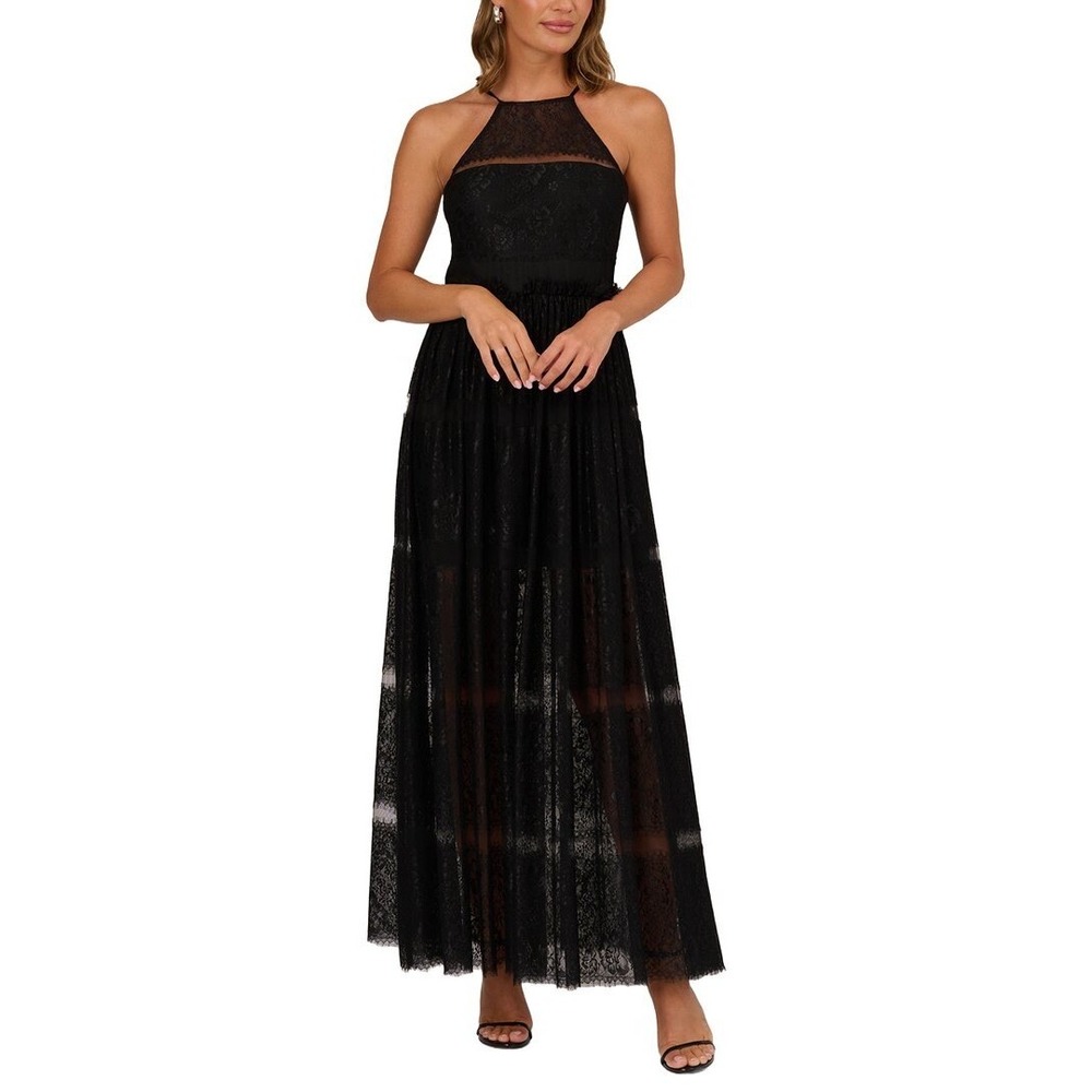Adrianna Papell Black Lace Long Halter Maxi Dress Size 10 (0058)